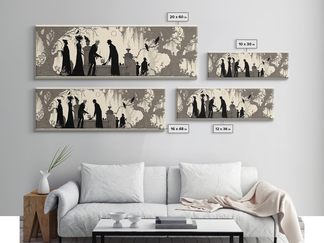 The Lantern Gravedigger, Decadent Line Art, Extra Wide Wall Art, Macabre Wall Art, Canvas Print, Halloween Wall Art