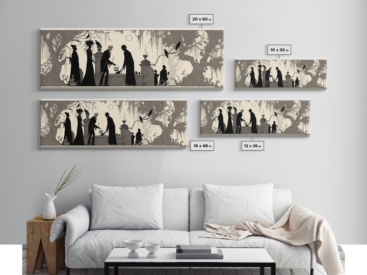 The Lantern Gravedigger, Decadent Line Art, Extra Wide Wall Art, Macabre Wall Art, Canvas Print, Halloween Wall Art