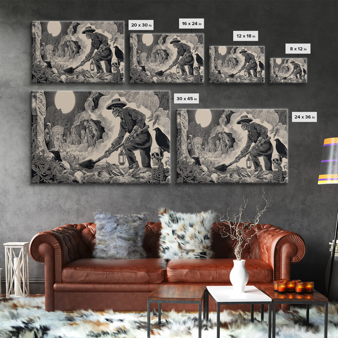 The Lantern Gravedigger, Macabre Folk Print Art, Wide Panoramic Art, Macabre Wall Art, Canvas Print, Halloween Wall Art