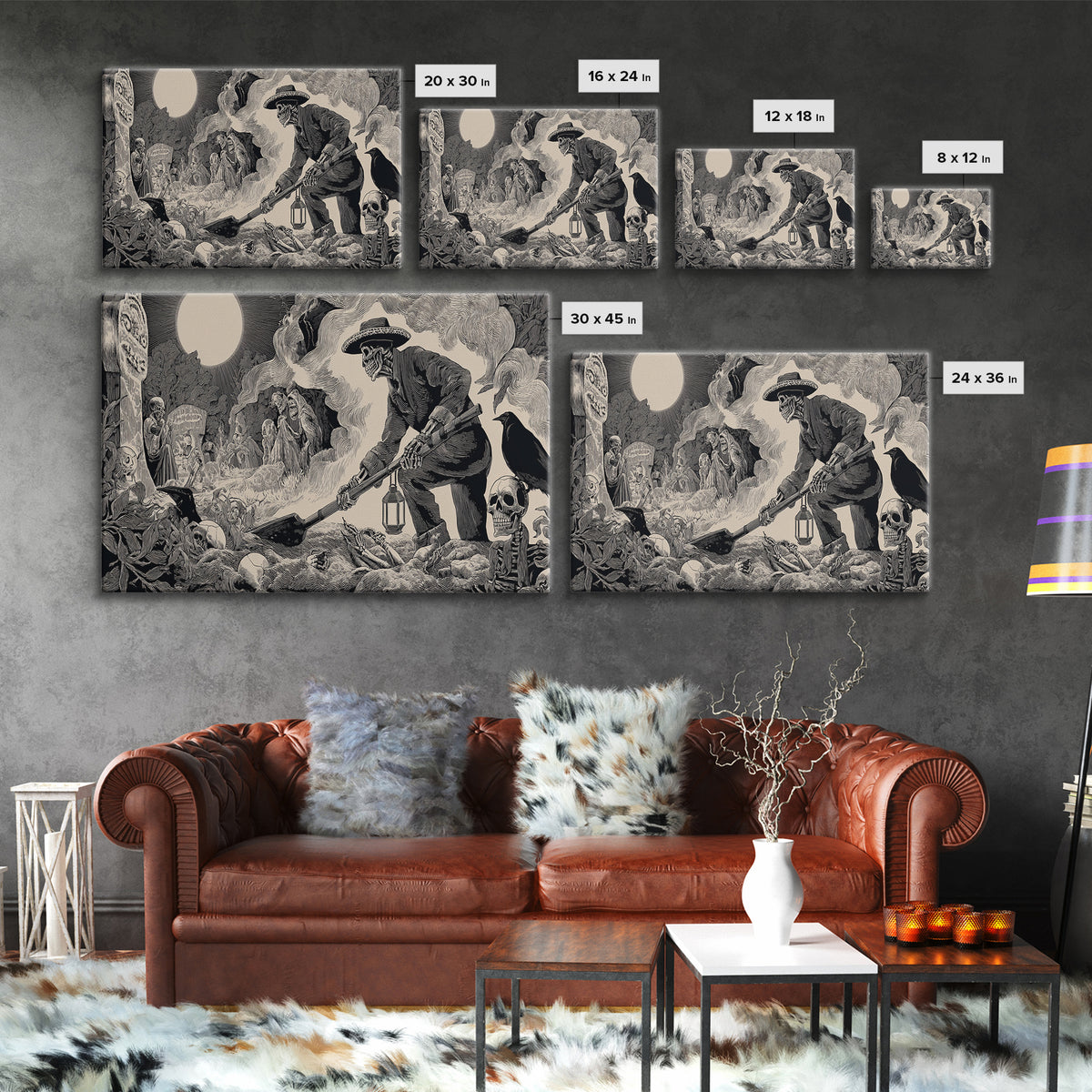 The Lantern Gravedigger, Macabre Folk Print Art, Wide Panoramic Art, Macabre Wall Art, Canvas Print, Halloween Wall Art