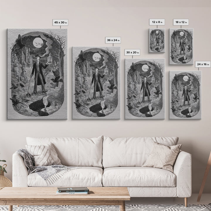 The Lantern Gravedigger, Victorian Macabre Art, Vertical Wall Art, Dark Fantasy Wall Art, Canvas Print, Halloween Wall Art