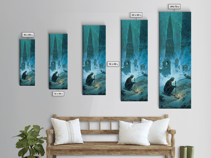 The Lantern Gravedigger, Surreal Apocalyptic Art, Tall Narrow Wall Art, Dark Halloween Decor, Framed Canvas Print, Dark Fantasy Art