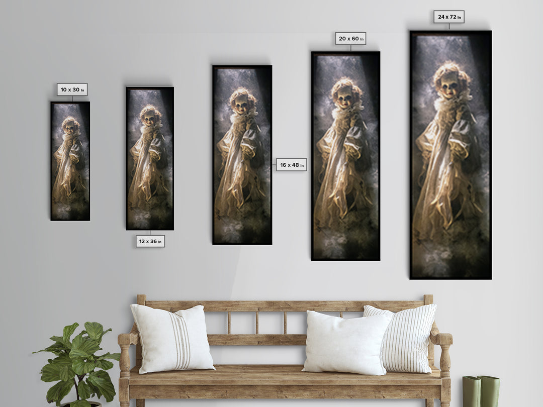 The Haunted Porcelain Doll, Gothic Engraving Art, Tall Narrow Wall Art, Dark Halloween Decor, Framed Canvas Print, Halloween Wall Art