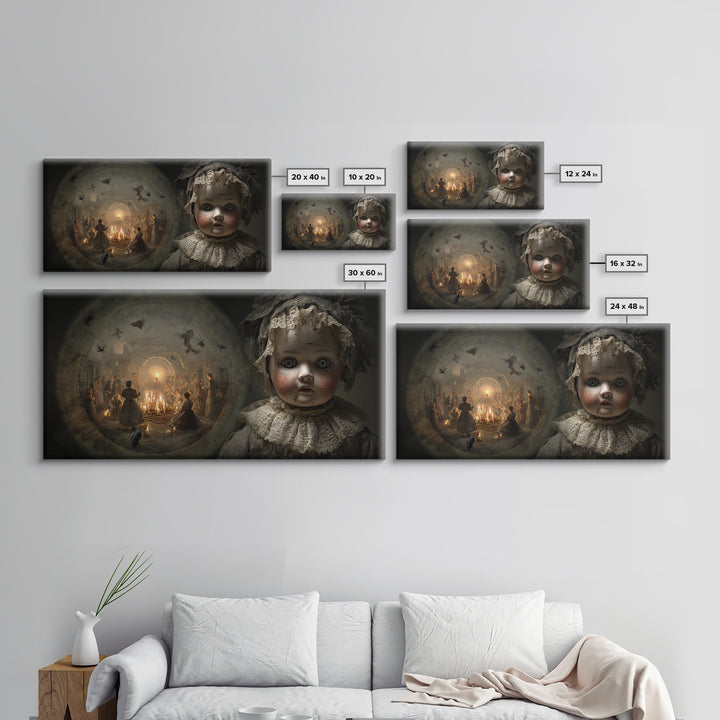The Haunted Porcelain Doll, Northern Renaissance Horror, Wide Panoramic Art, Dark Halloween Decor, Framed Canvas Print