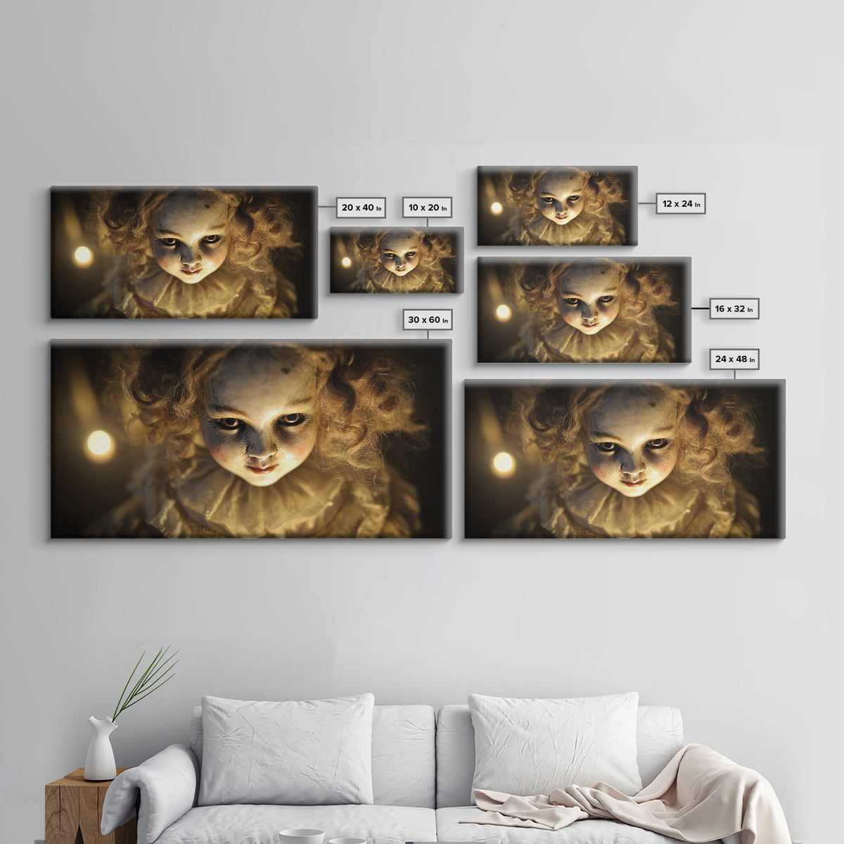 The Haunted Porcelain Doll, Visionary Gothic Art, Wide Panoramic Art, Dark Halloween Decor, Canvas Print, Halloween Wall Art