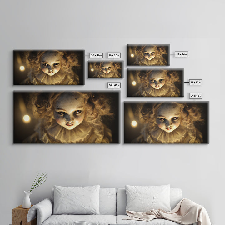The Haunted Porcelain Doll, Visionary Gothic Art, Wide Panoramic Art, Dark Halloween Decor, Canvas Print, Halloween Wall Art