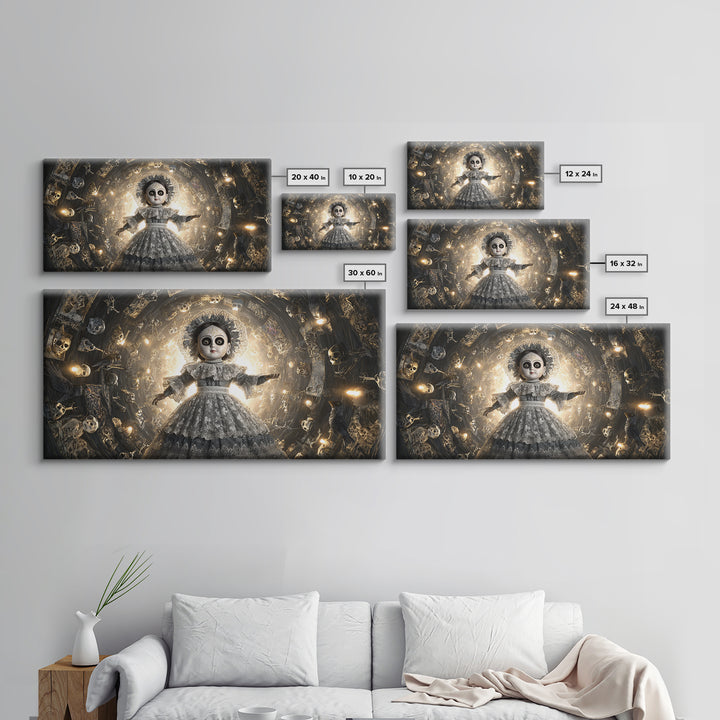 The Haunted Porcelain Doll, Macabre Folk Print Art, Wide Panoramic Art, Gothic Horror Wall Art, Framed Canvas Print