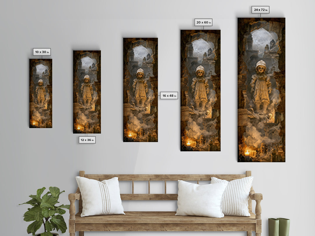 The Haunted Porcelain Doll, Surreal Apocalyptic Art, Tall Narrow Wall Art, Dark Halloween Decor, Canvas Print, Halloween Wall Art