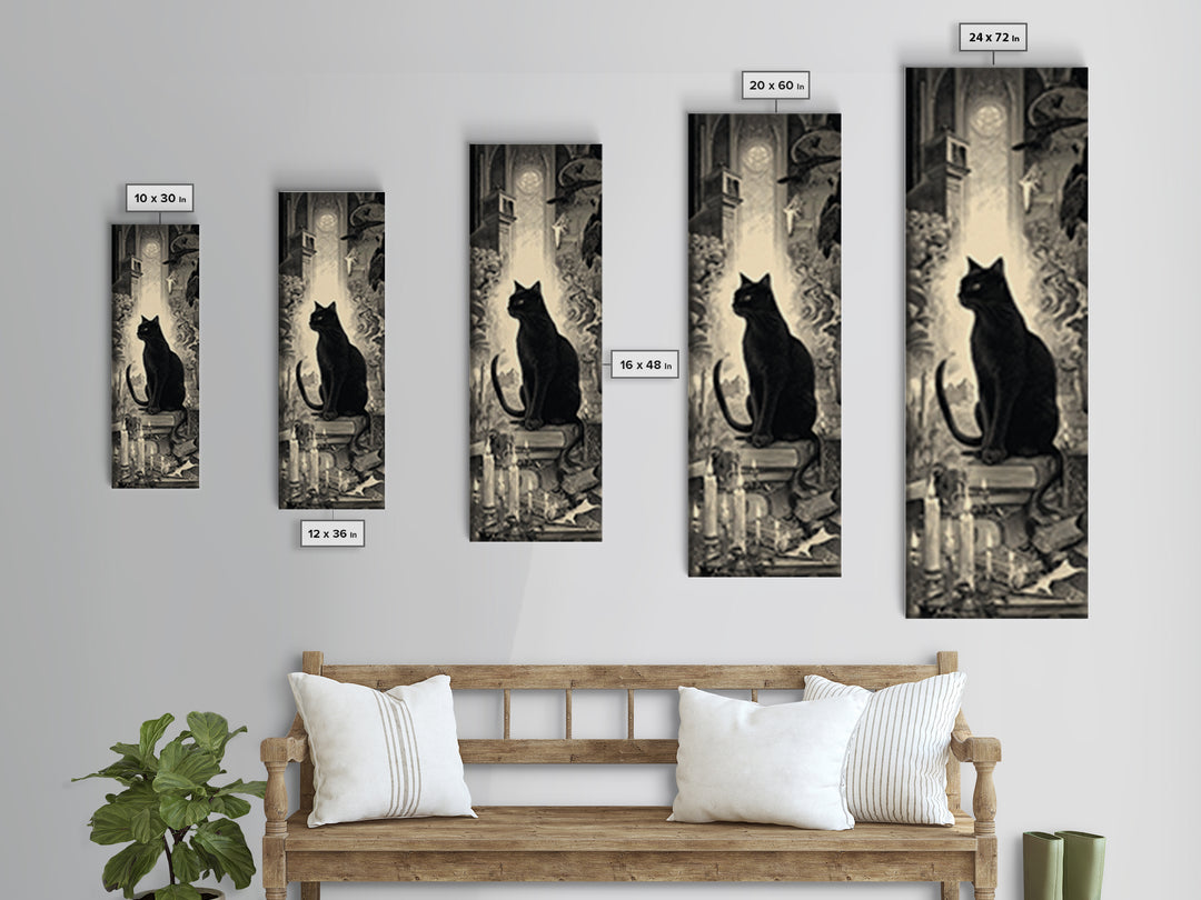 The Black Cat Familiar, Gothic Engraving Art, Tall Narrow Wall Art, Macabre Wall Art, Framed Canvas Print, Halloween Wall Art