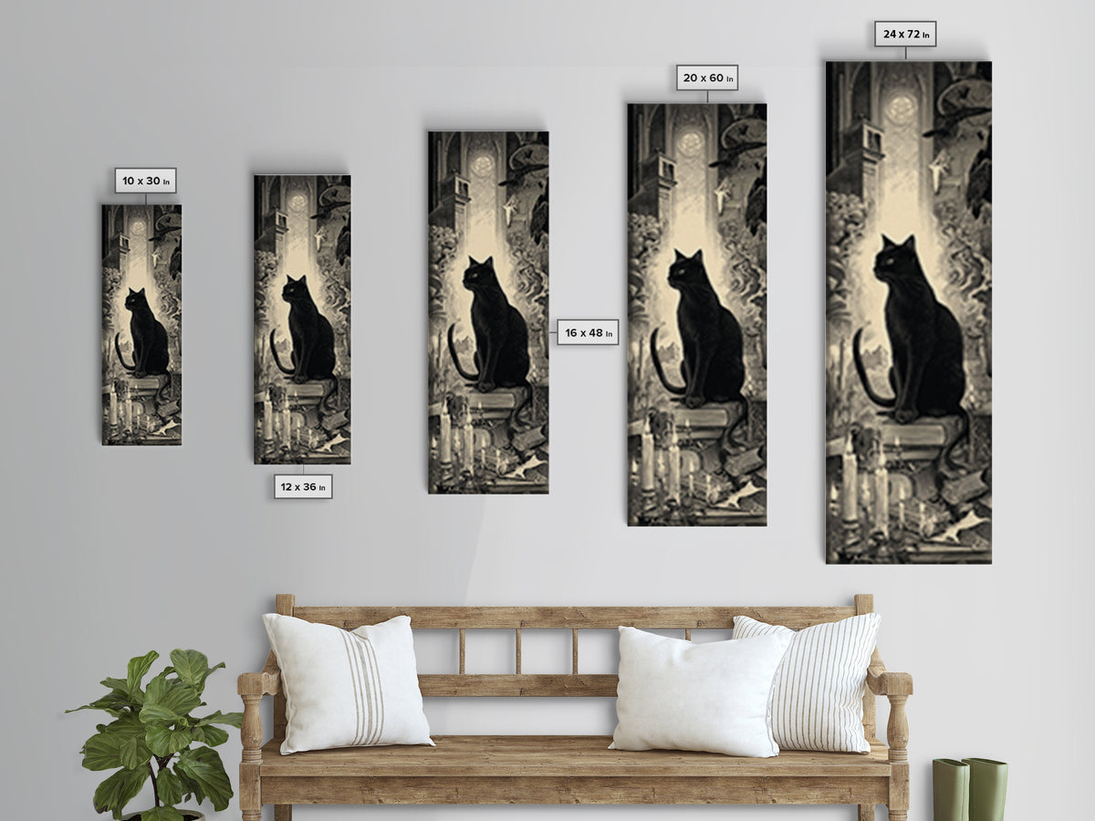 The Black Cat Familiar, Gothic Engraving Art, Tall Narrow Wall Art, Macabre Wall Art, Framed Canvas Print, Halloween Wall Art