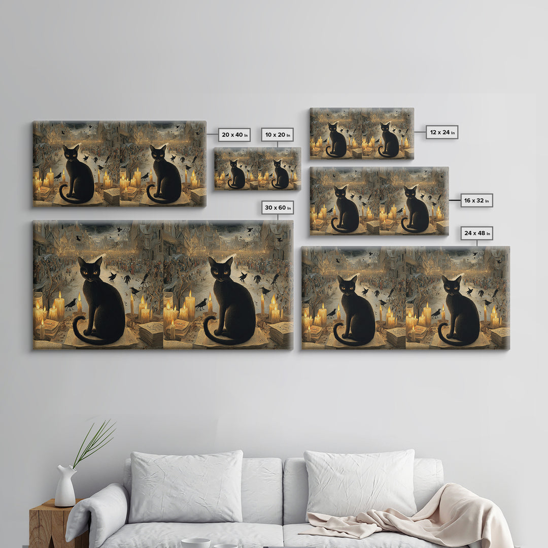 The Black Cat Familiar, Northern Renaissance Horror, Wide Panoramic Art, Dark Halloween Decor, Canvas Print, Halloween Wall Art