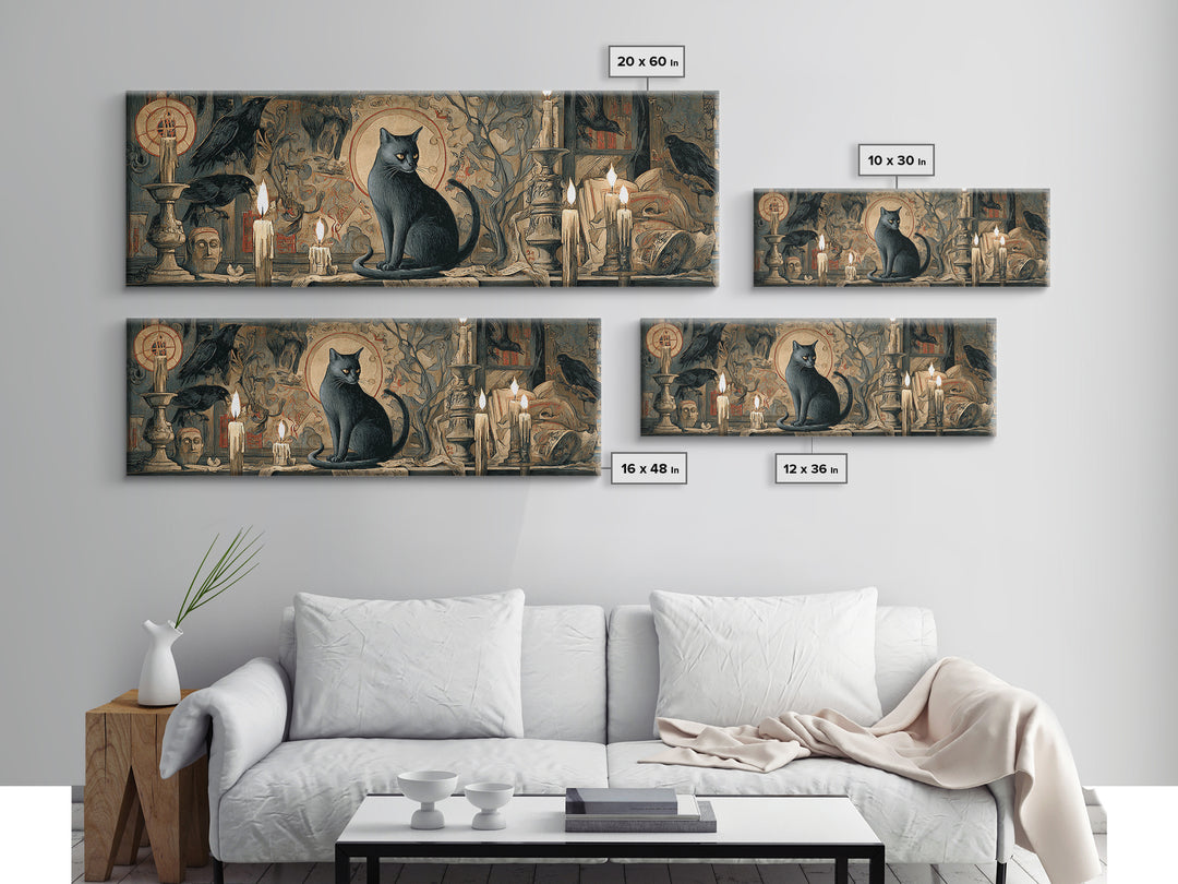 The Black Cat Familiar, Dark Renaissance Art, Extra Wide Wall Art, Dark Fantasy Wall Art, Framed Canvas Print, Halloween Wall Art