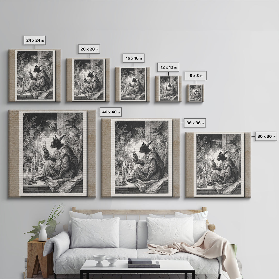 The Black Cat Familiar, Renaissance Engraving Art, Square Wall Art, Dark Fantasy Wall Art, Canvas Print, Halloween Wall Art