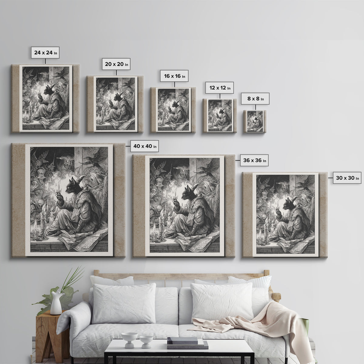 The Black Cat Familiar, Renaissance Engraving Art, Square Wall Art, Dark Fantasy Wall Art, Canvas Print, Halloween Wall Art