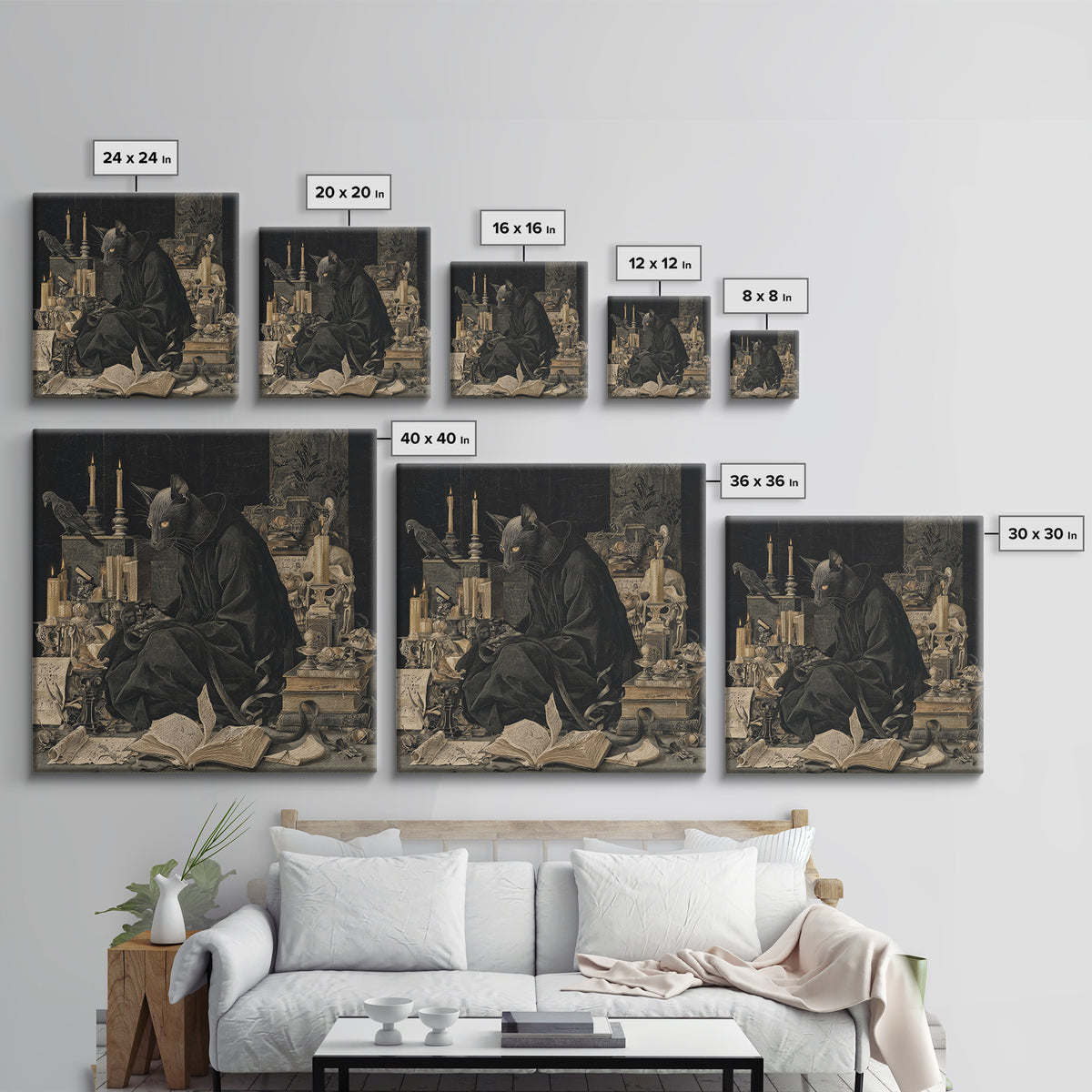 The Black Cat Familiar, Danse Macabre Art, Square Wall Art, Dark Halloween Decor, Canvas Print, Halloween Wall Art