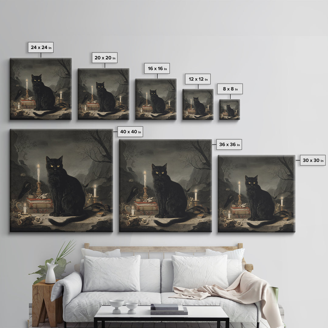 The Black Cat Familiar, Baroque Witchcraft Art, Square Wall Art, Macabre Wall Art, Framed Canvas Print, Halloween Wall Art