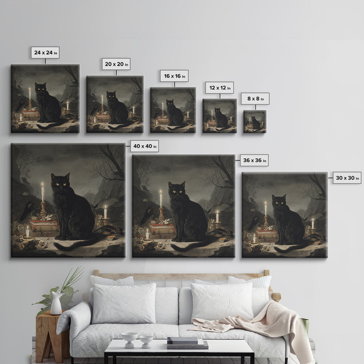 The Black Cat Familiar, Baroque Witchcraft Art, Square Wall Art, Macabre Wall Art, Framed Canvas Print, Halloween Wall Art