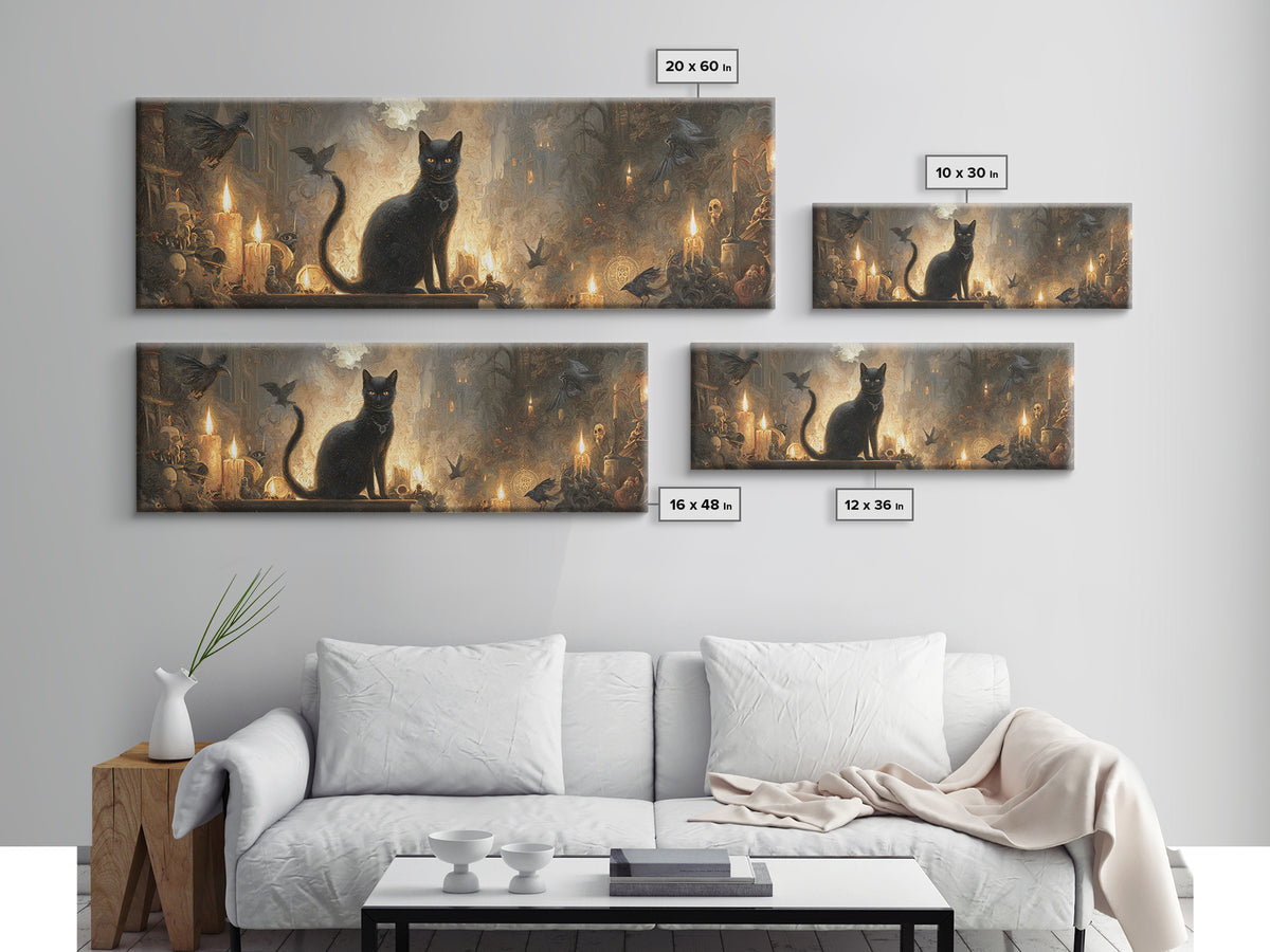 The Black Cat Familiar, Apocalyptic Romantic Art, Extra Wide Wall Art, Dark Fantasy Wall Art, Framed Canvas Print, Halloween Wall Art