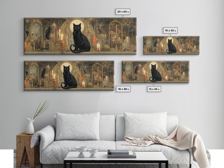 The Black Cat Familiar, Ornate Symbolist Art, Extra Wide Wall Art, Gothic Horror Wall Art, Canvas Print, Halloween Wall Art