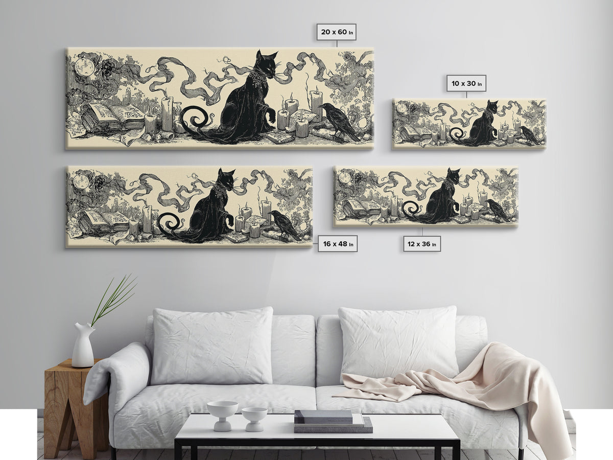 The Black Cat Familiar, Decadent Line Art, Extra Wide Wall Art, Dark Fantasy Wall Art, Framed Canvas Print, Halloween Wall Art