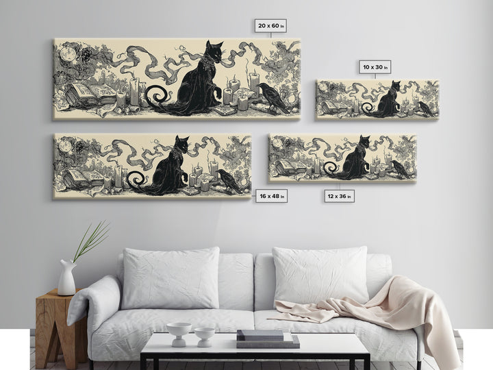 The Black Cat Familiar, Decadent Line Art, Extra Wide Wall Art, Dark Fantasy Wall Art, Framed Canvas Print, Halloween Wall Art