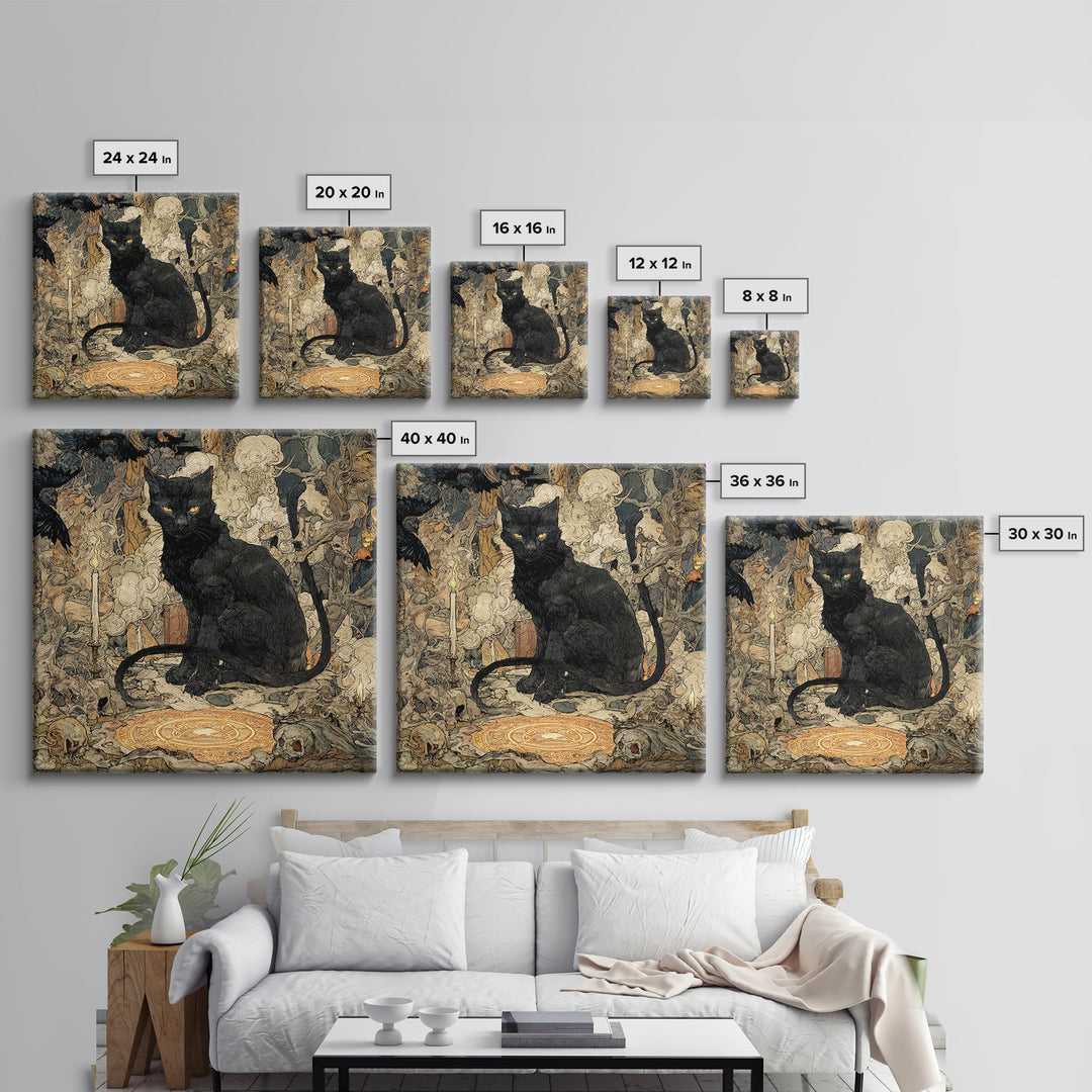 The Black Cat Familiar, Gothic Storybook Art, Square Wall Art, Macabre Wall Art, Framed Canvas Print, Halloween Wall Art