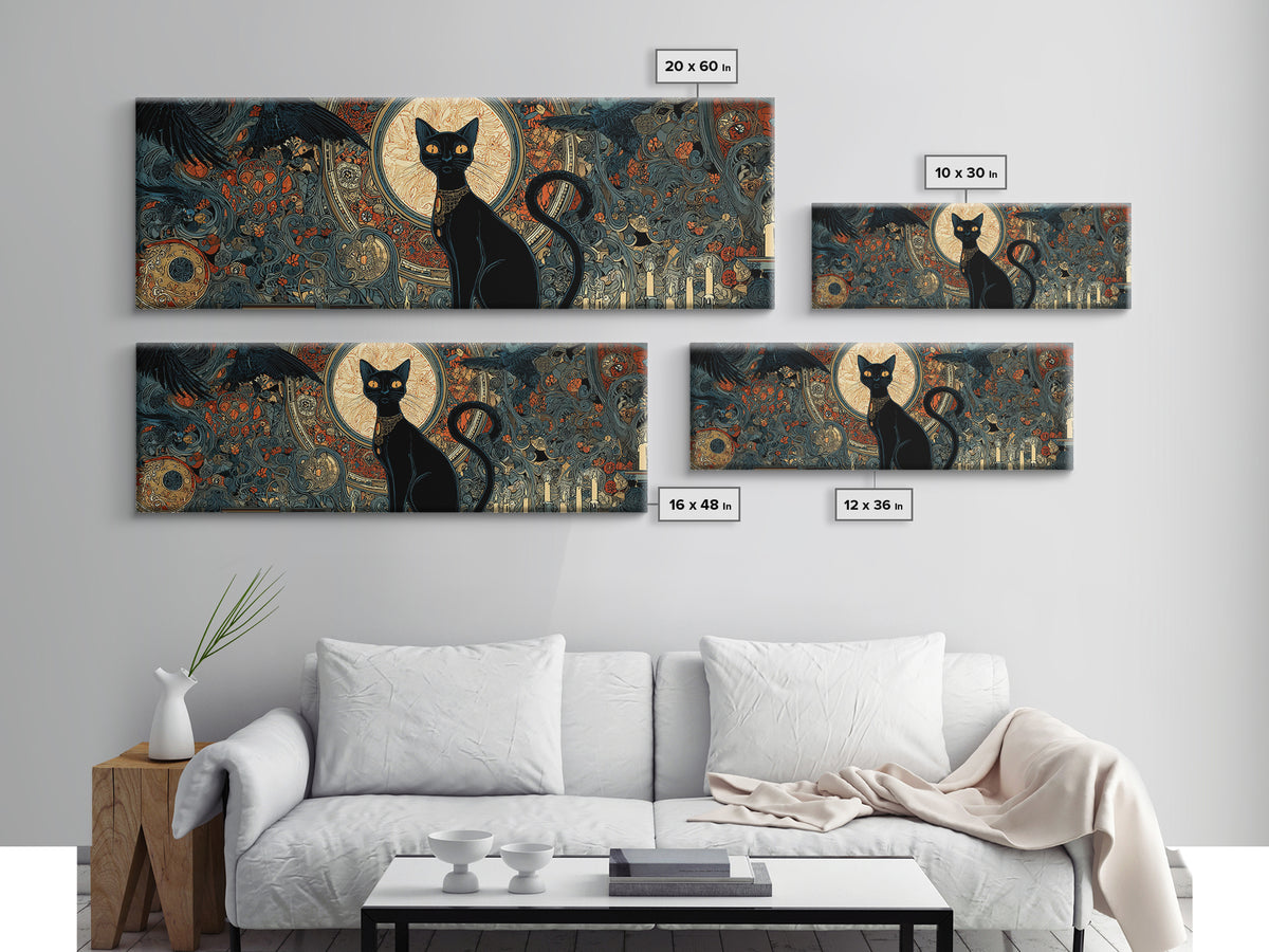 The Black Cat Familiar, Stained Glass Gothic Art, Extra Wide Wall Art, Dark Fantasy Wall Art, Framed Canvas Print, Halloween Wall Art