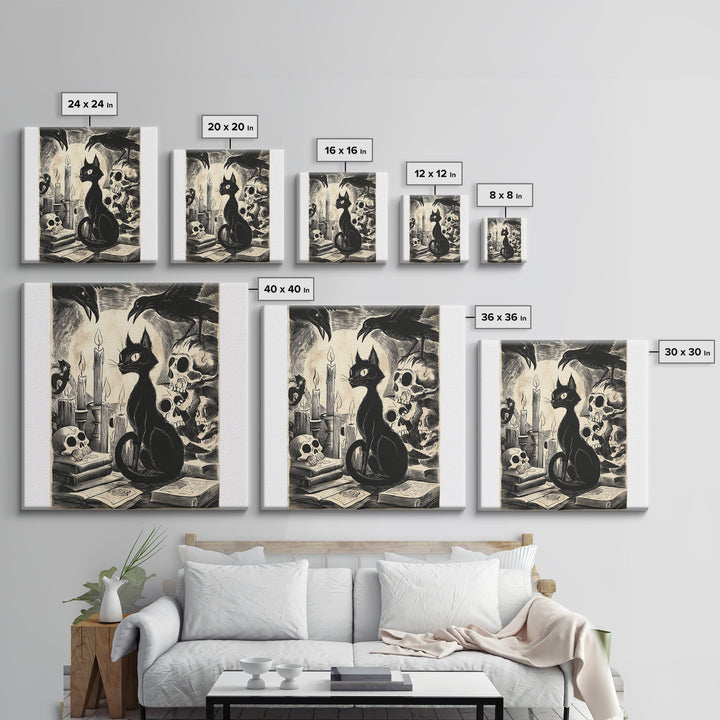 The Black Cat Familiar, Macabre Folk Print Art, Square Wall Art, Macabre Wall Art, Framed Canvas Print, Halloween Wall Art