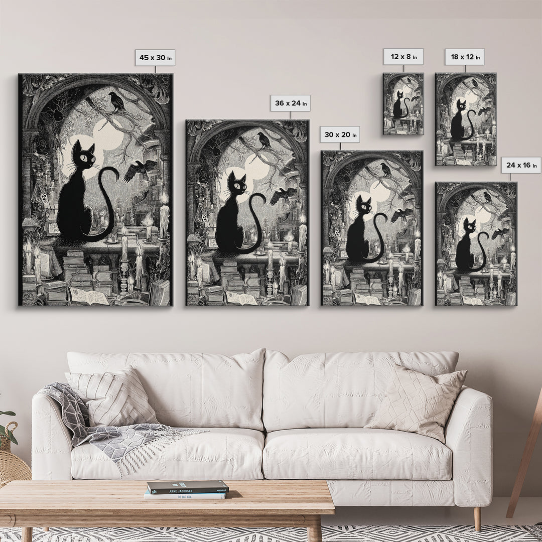 The Black Cat Familiar, Victorian Macabre Art, Vertical Wall Art, Dark Fantasy Wall Art, Framed Canvas Print, Halloween Wall Art