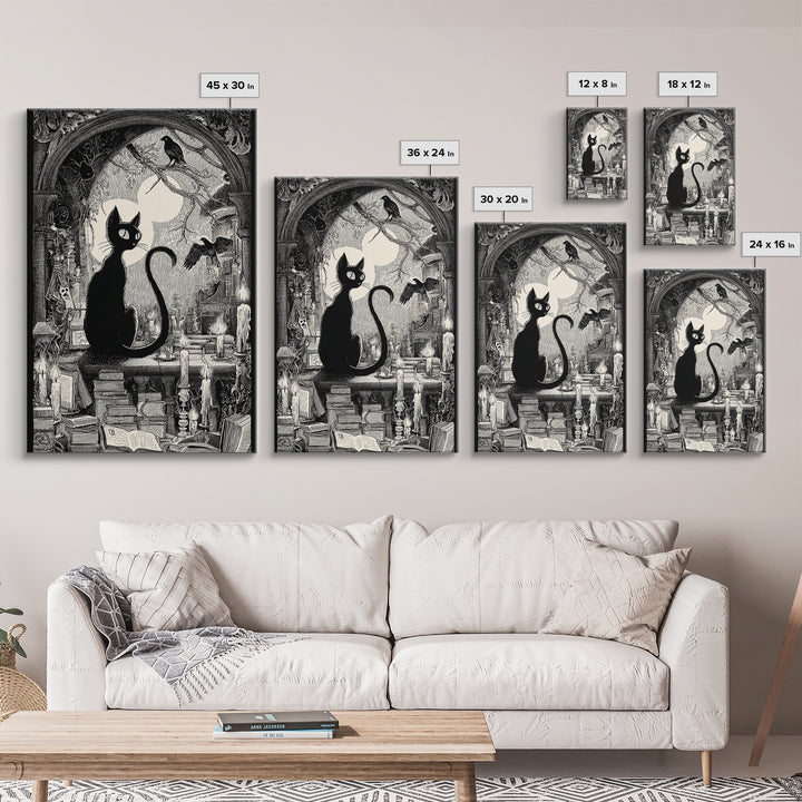 The Black Cat Familiar, Victorian Macabre Art, Vertical Wall Art, Dark Fantasy Wall Art, Framed Canvas Print, Halloween Wall Art