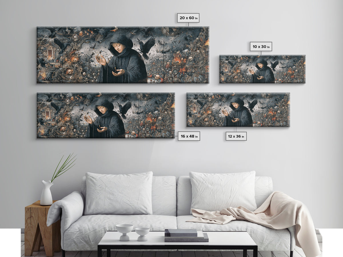 The Raven Keeper, Medieval Grotesque Art, Extra Wide Wall Art, Gothic Horror Wall Art, Framed Canvas Print, Halloween Wall Art