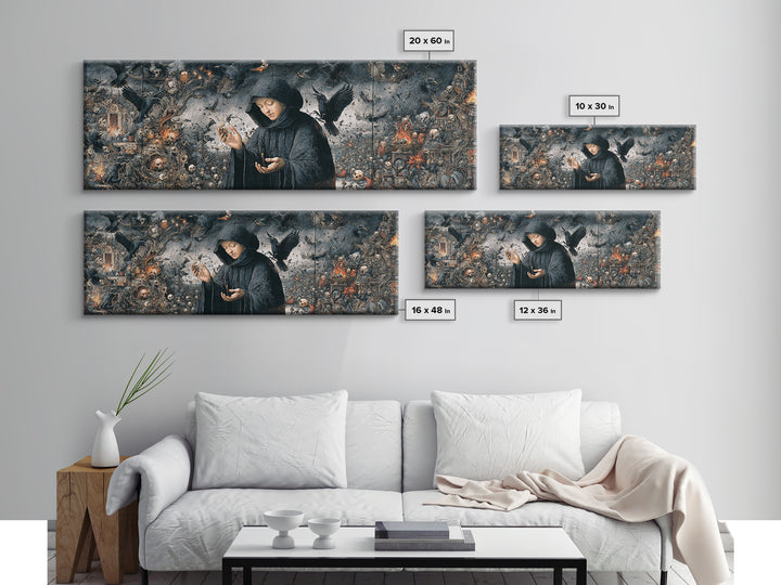The Raven Keeper, Medieval Grotesque Art, Extra Wide Wall Art, Gothic Horror Wall Art, Framed Canvas Print, Halloween Wall Art