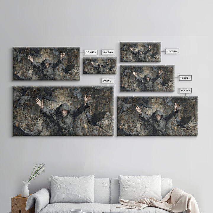 The Raven Keeper, Northern Renaissance Horror, Wide Panoramic Art, Dark Fantasy Wall Art, Canvas Print, Halloween Wall Art