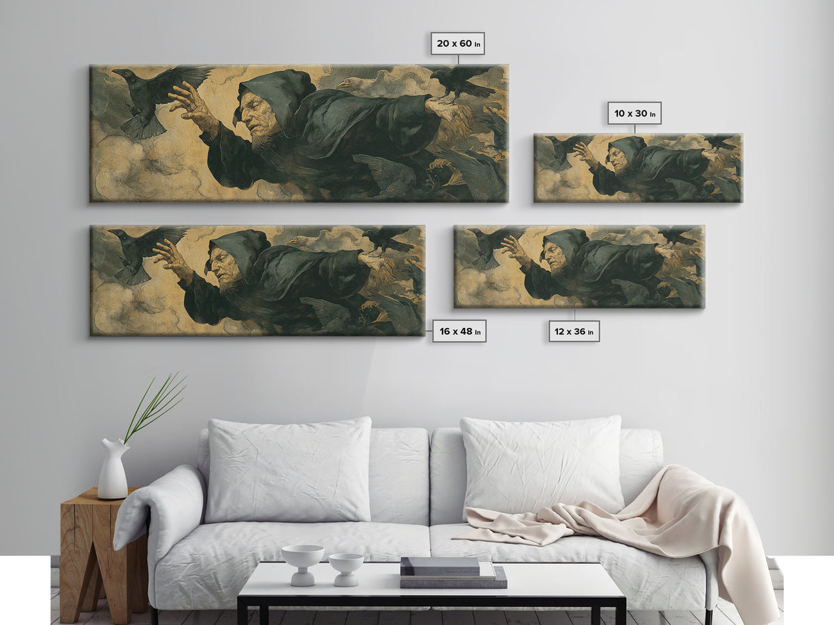 The Raven Keeper, Dark Renaissance Art, Extra Wide Wall Art, Dark Fantasy Wall Art, Canvas Print, Halloween Wall Art