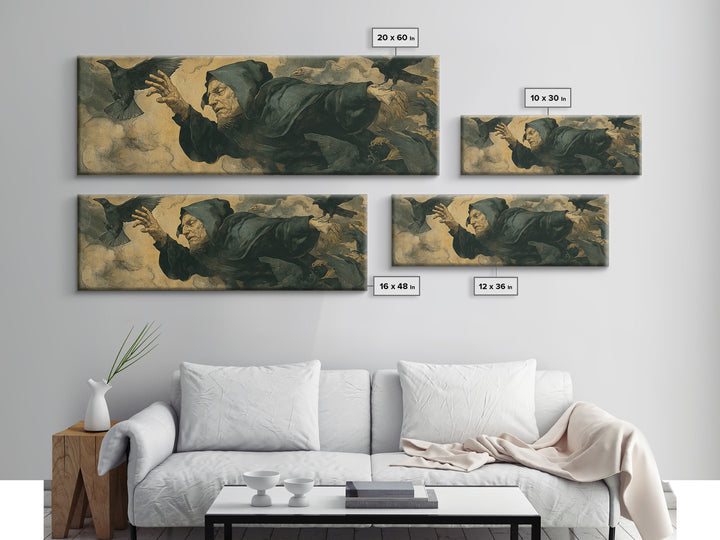 The Raven Keeper, Dark Renaissance Art, Extra Wide Wall Art, Dark Fantasy Wall Art, Canvas Print, Halloween Wall Art