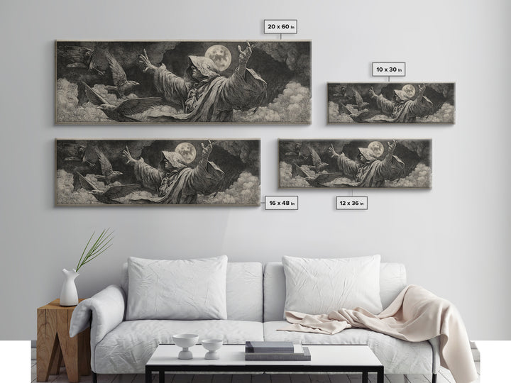 The Raven Keeper, Renaissance Engraving Art, Extra Wide Wall Art, Dark Halloween Decor, Framed Canvas Print, Halloween Wall Art