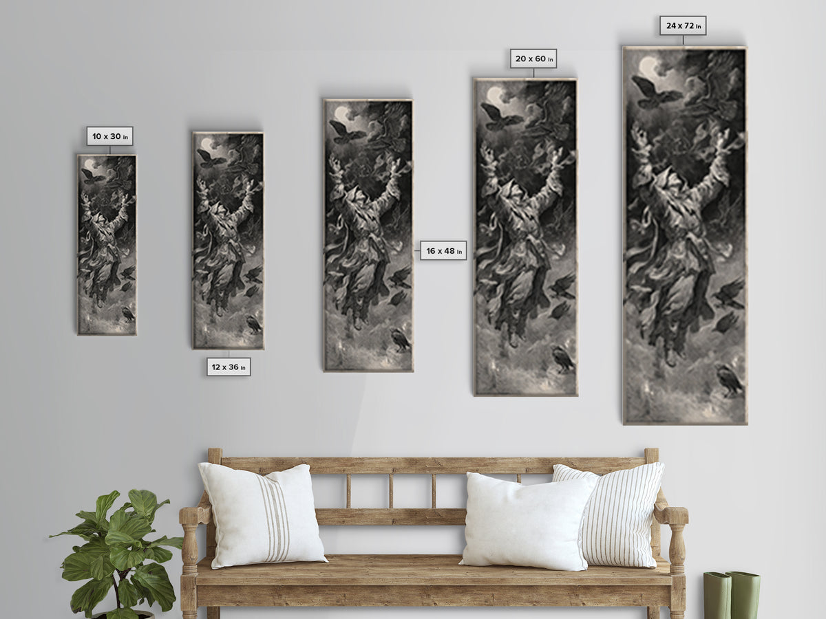 The Raven Keeper, Architectural Etching Art, Tall Narrow Wall Art, Dark Fantasy Wall Art, Canvas Print, Halloween Wall Art