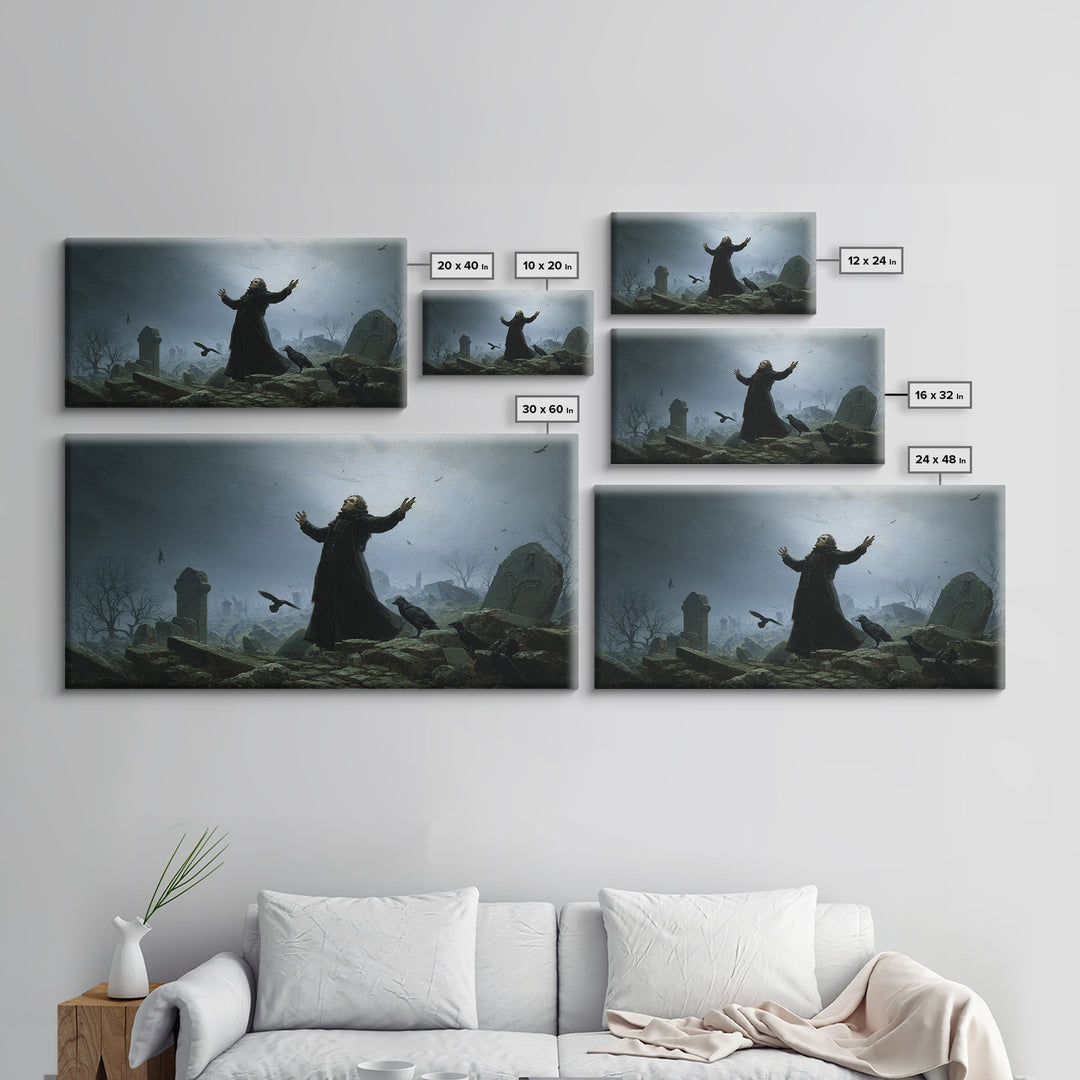 The Raven Keeper, Romantic Gothic Landscape, Wide Panoramic Art, Dark Halloween Decor, Framed Canvas Print, Halloween Wall Art