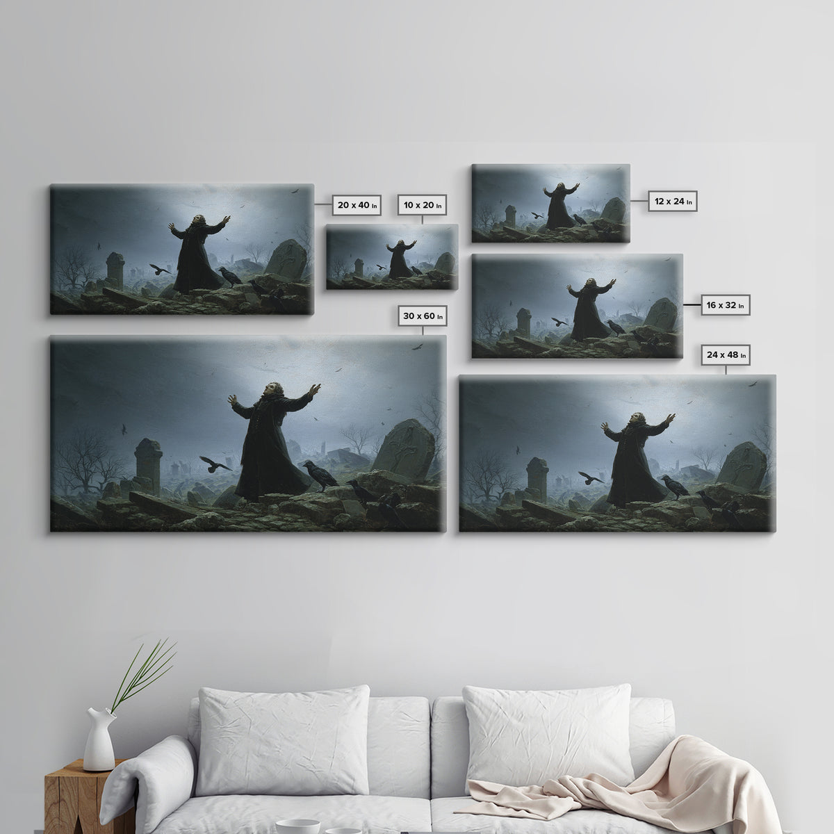 The Raven Keeper, Romantic Gothic Landscape, Wide Panoramic Art, Dark Halloween Decor, Framed Canvas Print, Halloween Wall Art