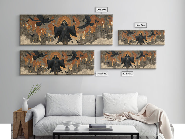 The Raven Keeper, Apocalyptic Romantic Art, Extra Wide Wall Art, Gothic Horror Wall Art, Canvas Print, Halloween Wall Art