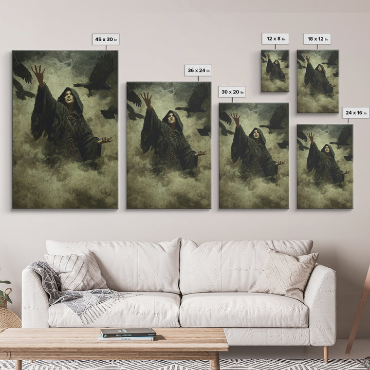 The Raven Keeper, Ornate Symbolist Art, Vertical Wall Art, Dark Fantasy Wall Art, Framed Canvas Print, Halloween Wall Art