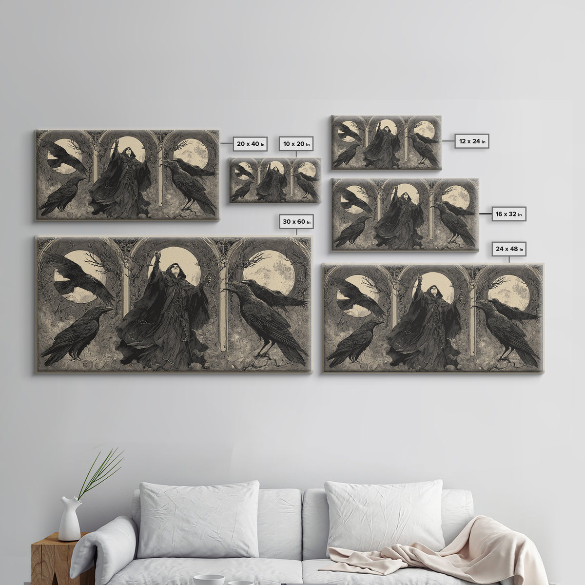 The Raven Keeper, Expressionist Nightmare Art, Wide Panoramic Art, Dark Halloween Decor, Framed Canvas Print, Halloween Wall Art