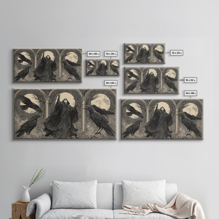 The Raven Keeper, Expressionist Nightmare Art, Wide Panoramic Art, Dark Halloween Decor, Framed Canvas Print, Halloween Wall Art