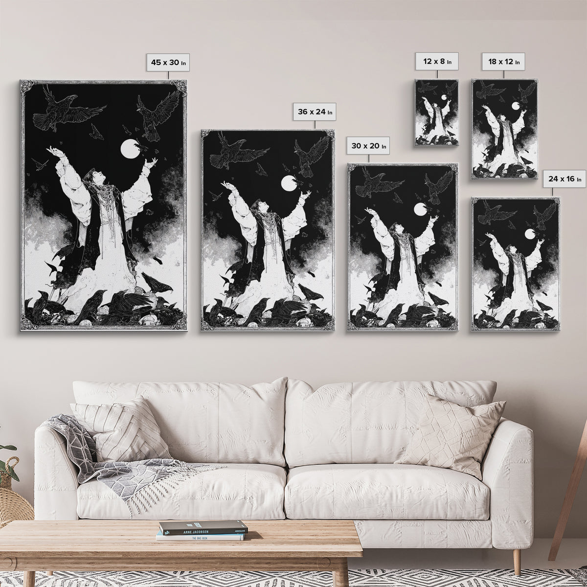 The Raven Keeper, Decadent Line Art, Vertical Wall Art, Macabre Wall Art, Canvas Print, Halloween Wall Art, Halloween Decor