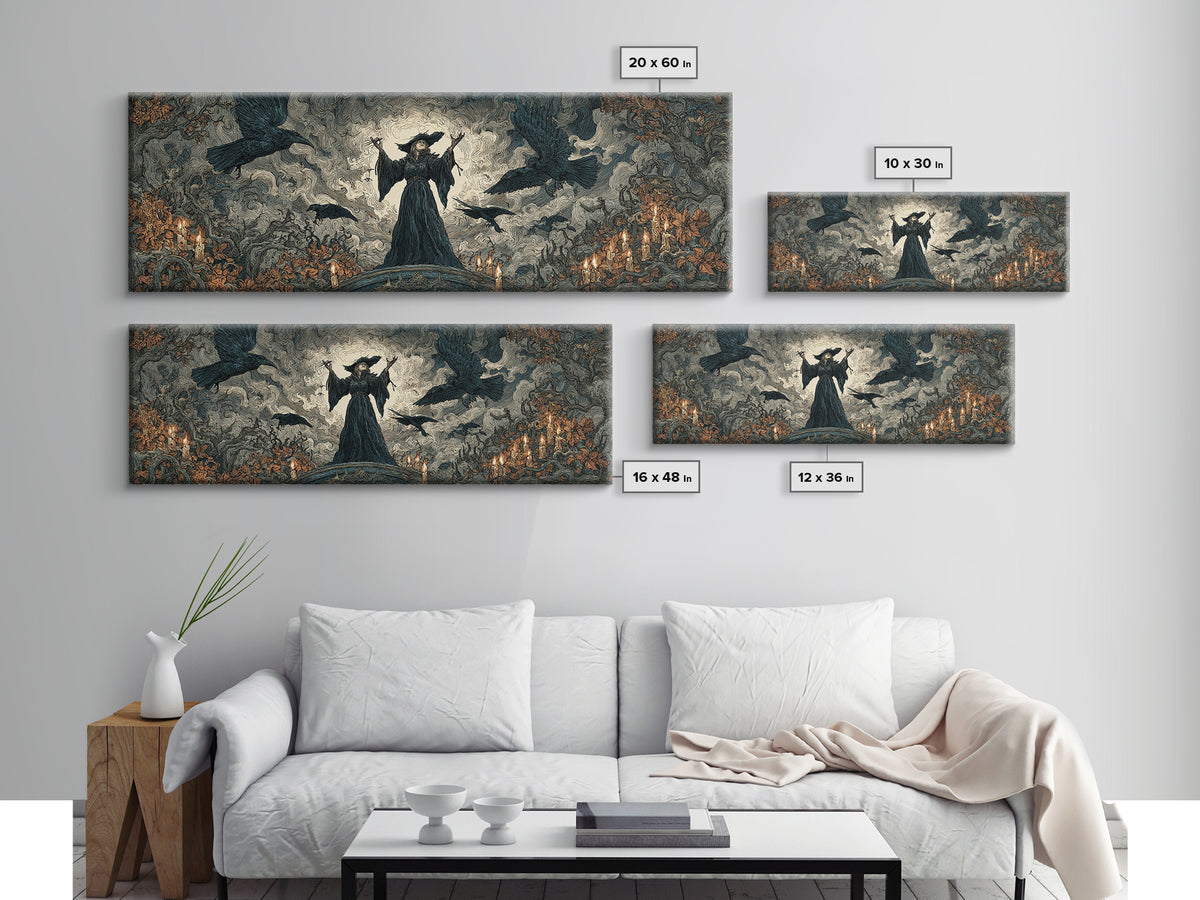 The Raven Keeper, Gothic Storybook Art, Extra Wide Wall Art, Gothic Horror Wall Art, Framed Canvas Print, Halloween Wall Art