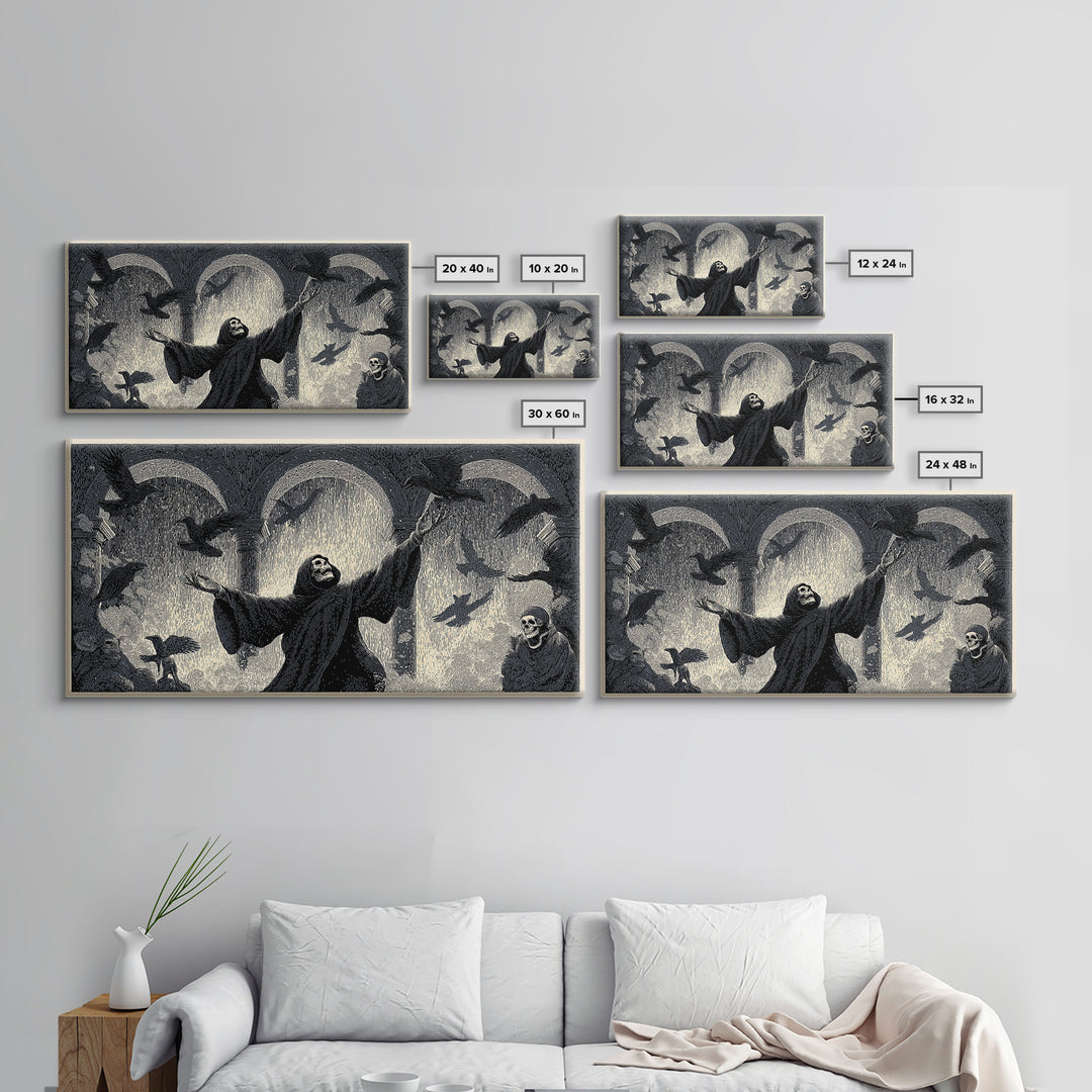 The Raven Keeper, Macabre Folk Print Art, Wide Panoramic Art, Dark Fantasy Wall Art, Canvas Print, Halloween Wall Art