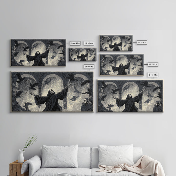 The Raven Keeper, Macabre Folk Print Art, Wide Panoramic Art, Dark Fantasy Wall Art, Canvas Print, Halloween Wall Art
