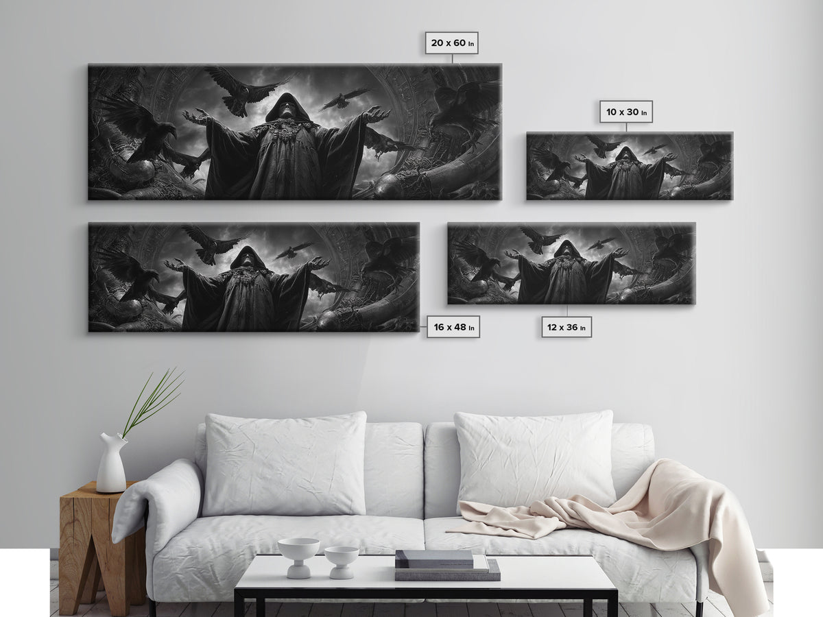 The Raven Keeper, Biomechanical Horror Art, Extra Wide Wall Art, Gothic Horror Wall Art, Canvas Print, Halloween Wall Art