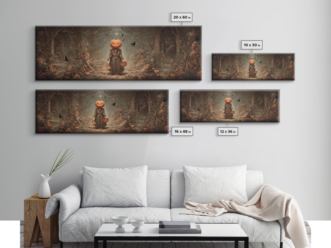 The Pumpkin-Headed Child, Medieval Grotesque Art, Extra Wide Wall Art, Macabre Wall Art, Canvas Print, Halloween Wall Art