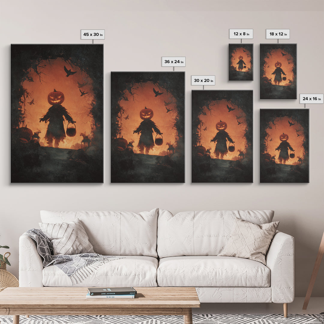 The Pumpkin-Headed Child, Dark Romantic Horror Art, Vertical Wall Art, Macabre Wall Art, Canvas Print, Halloween Wall Art